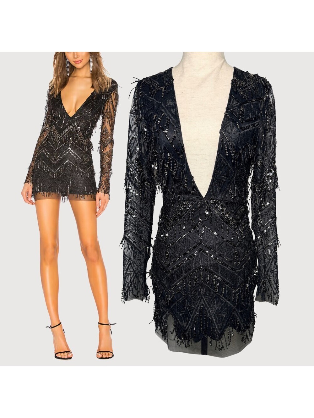 Superdown Nia Sequin Fringe Mini Dress Black XXS Revolve